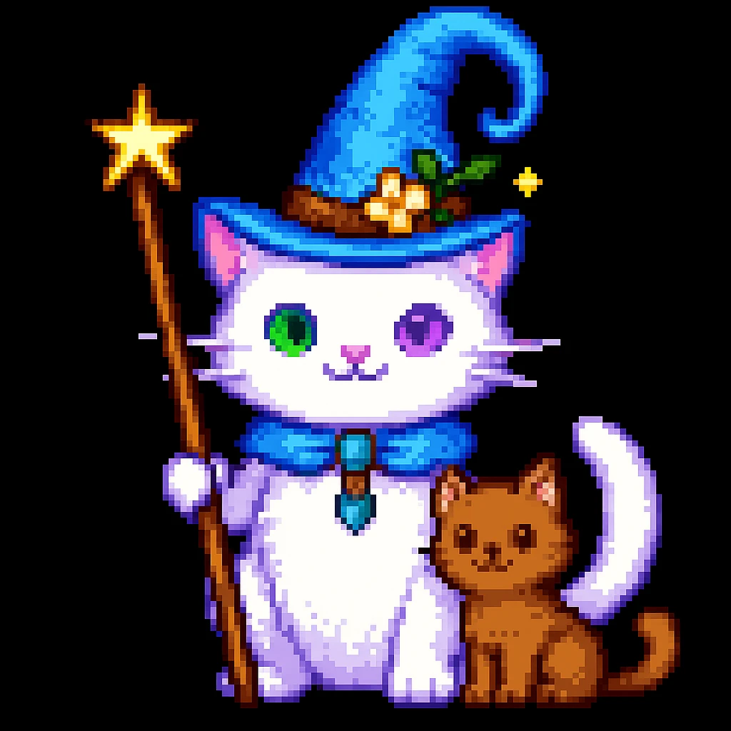 A cat wizard with a pointy hat and a magic wand with a cat companion, pixel art style. emoji