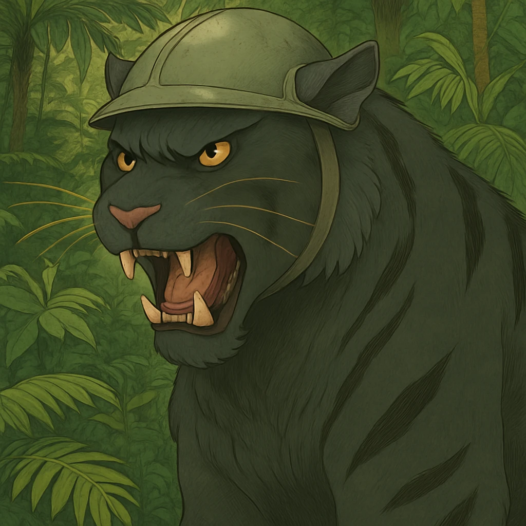 Add a lush jungle background behind the angry black tiger wearing a helmet, keep the original style and mood emoji