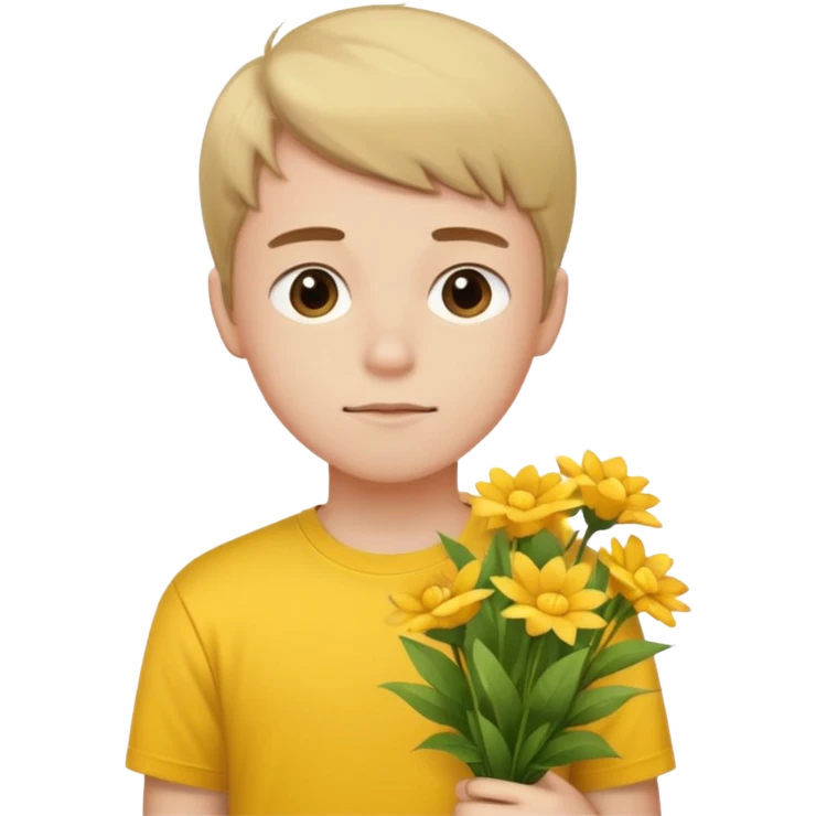 generate an ios genmoji of a 20 year old fair boy with faint upper lip hair (brown). should look like he cant grow a mustache., carrying a flower bouquet, wearing a yellow tshirt, looking shy emoji