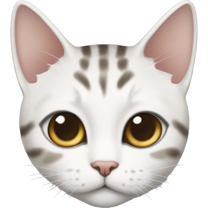 A Korean shorthair cat, a mackerel tabby, diamond-shaped white fur from the bridge of the nose to the mouth, white fur on the limbs and chest. emoji