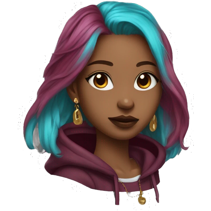 Deep pink maroon burgundy cyan dark hoodie person dyed hair and gold piercings nose piercing ear piercings emoji