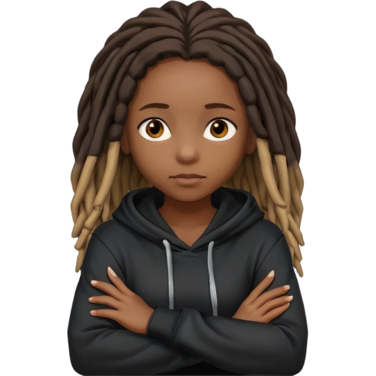 African American dark skin girl with shoulder length dreadlocks wearing a plain black hoodie with her arms folded across her chest emoji