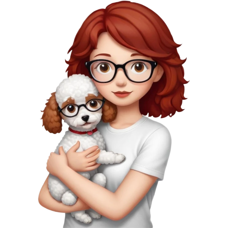 Girl with medium-short dark brown-red hair with glasses, white t-shirt, brown eyes, hugging a white toy poodle emoji