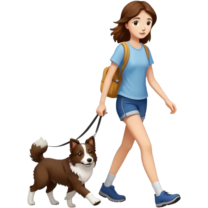 A beautiful brown-haired girl walking a Border Collie emoji
