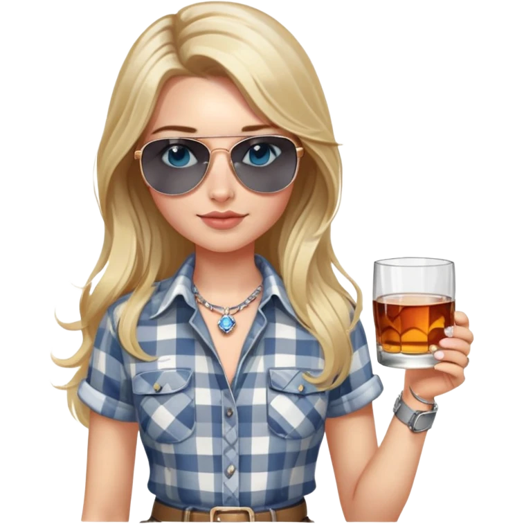girl, long blond daisy in hair, wearing grey/white plaid shirt, with blue eyes and aviator sunglasses, wearing a ring on her silver necklace around her neck, holding a glass of whiskey, wearing rose gold apple watch,  emoji