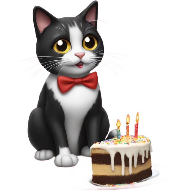 Tuxedo cat blowing out a birthday cake emoji