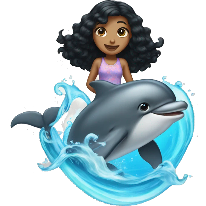 Girl with medium length black hair on a dolphin  emoji