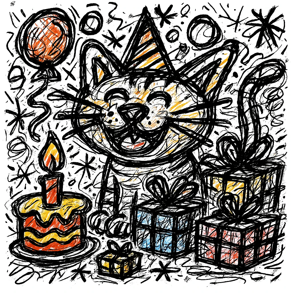 Make the birthday cake more colorful while keeping the chaotic outlined style and all other elements intact emoji