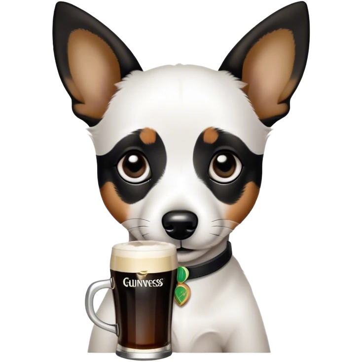 Black and white Jack russle puppy. Black pointy floppy ears. Black circles around eyes. Drinking a Guinness beer. The dog does not have brown hair emoji