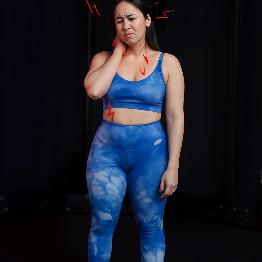 Realistic style edit of the girl identical to the photo with an expression of neck pain and headache: hand on neck, suffering face, pain symbols like red lines or lightning on neck and head. emoji