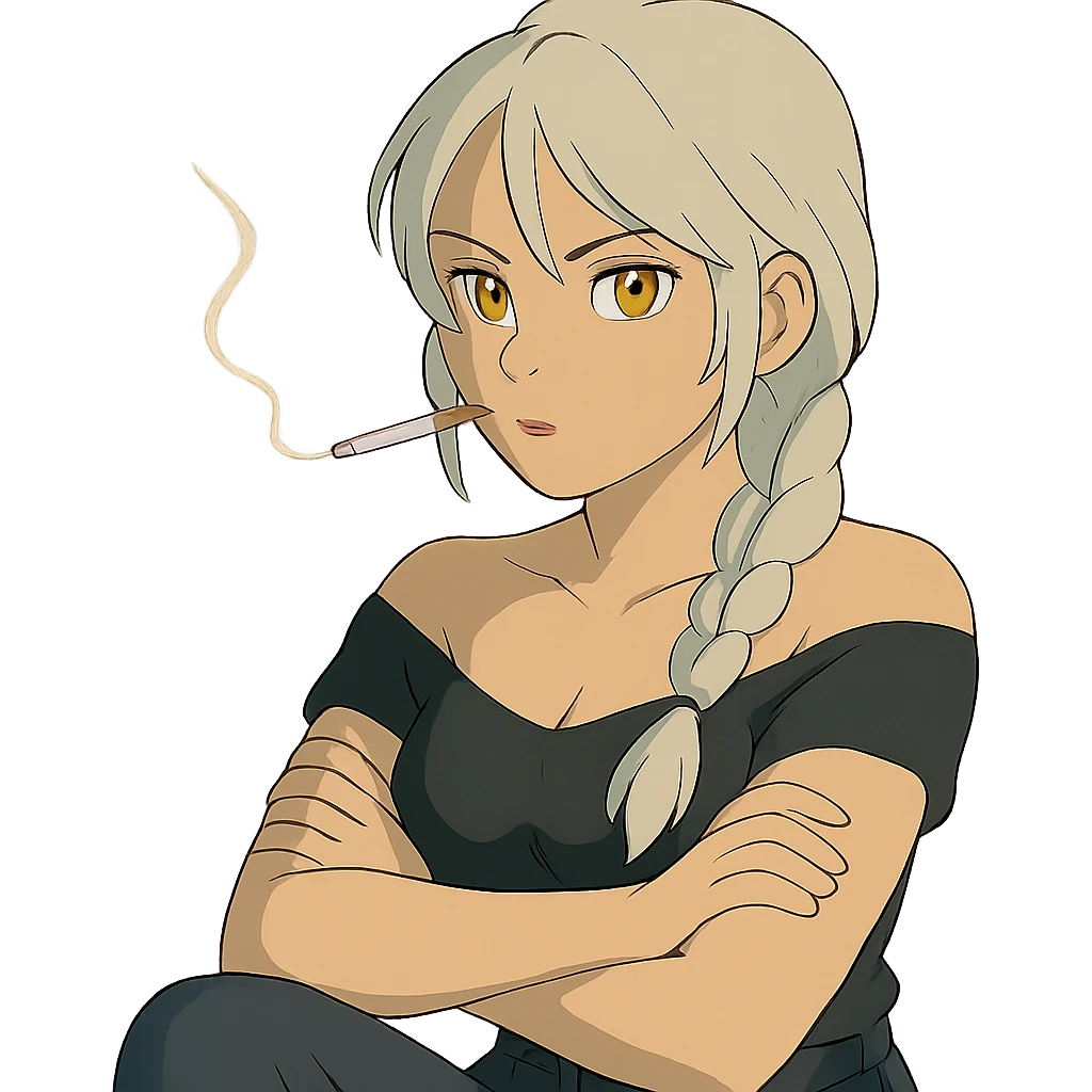  she has her arms crossed, smoking a cig, a closeup portrait of young woman with gold yellow eyes, white hair, long braid, black off-shoulder top d-cup, punk gothic style, futuristic cyberwave cyberpunk, sitting position
 emoji