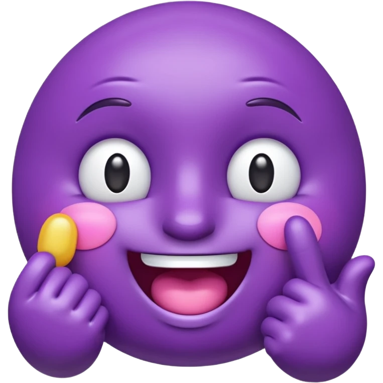 "A glossy 3D purple emoji character with shiny, reflective surface, puffed cheeks as if holding in laughter, eyes squinting mischievously, white cartoon hands — one covering its mouth and the other pointing upward with the index finger. Cute, exaggerated facial expression, smooth rounded shape,  emoji