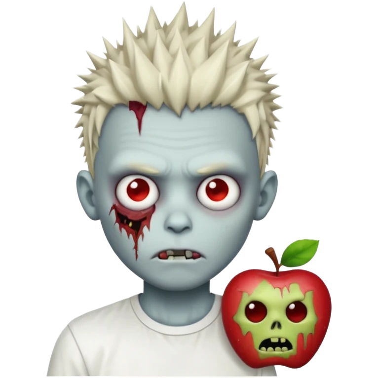 zombie boy with wild spiky hair, white shirt, stitched face, apple emoji style emoji