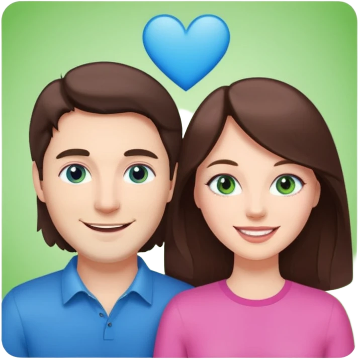 pink polaroid photo of a couple thats white with long brunette hair blue eyes and a white guy with short brunette hair and green eyes emoji