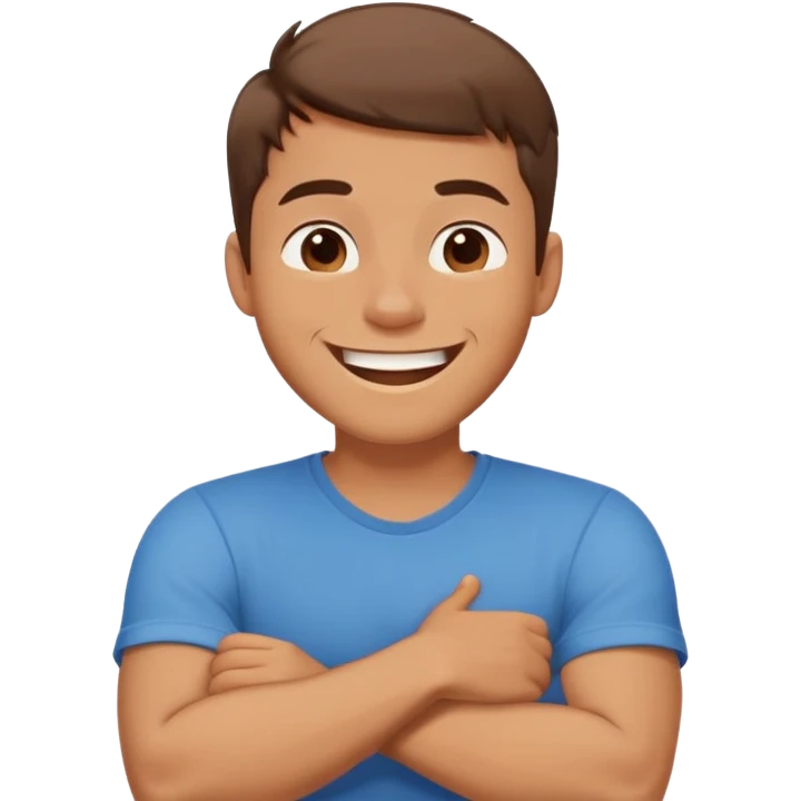 Guy with his arms crossed around neck laughing emoji