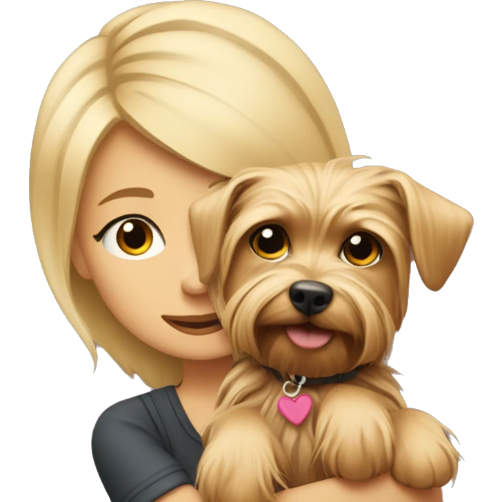 Blondie cuddles a Yorkshire terrier. emoji