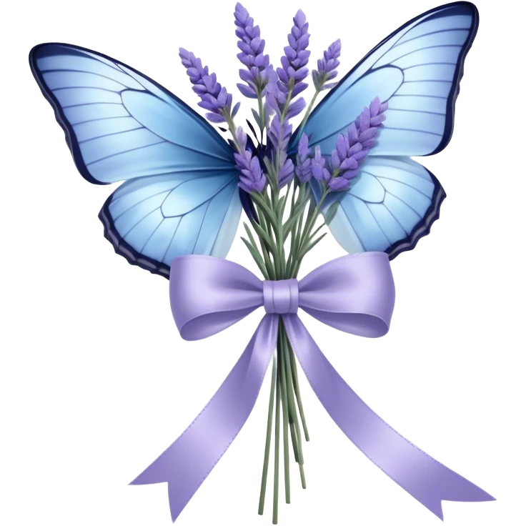 A luxurious satin bow in soft ivory is carefully tied around a bouquet of dried lavender, its delicate texture contrasting with the smooth silk. A single pale blue butterfly with translucent wings perches atop the bow, as if drawn to its quiet beauty. Another butterfly hovers nearby, casting intricate shadows over the fabric folds. emoji