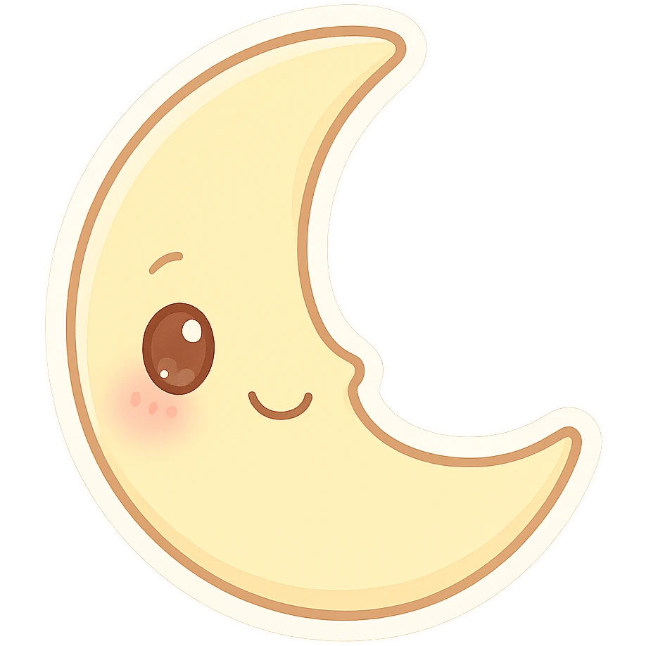 smiling crescent moon, pastel palette, big eyes, blushing cheeks, chibi style emoji