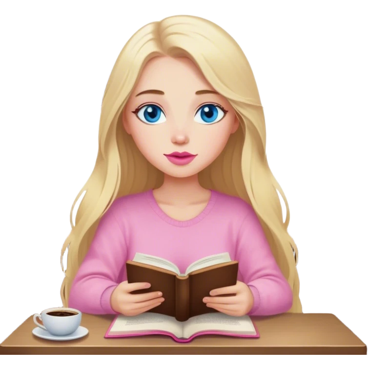 Cinematic realistic blonde with long hair, blue eyes, pink lips, sitting in a cozy atmosphere, reading a book, coffee is on the table next to her emoji