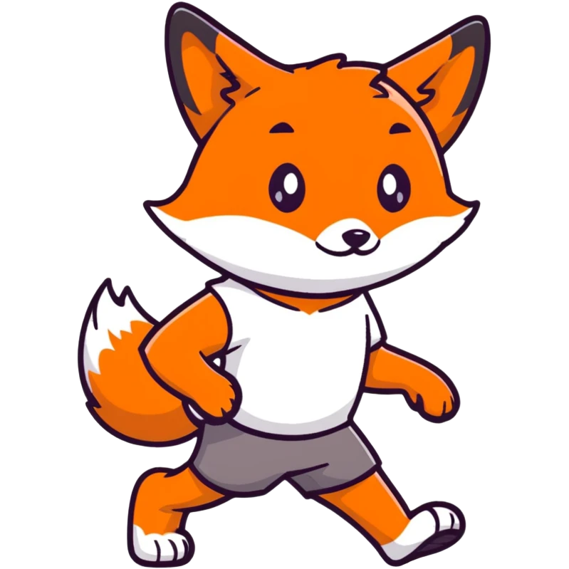retro 1930s anthropomorphised fox in a t-shirt and shorts walking black and white emoji