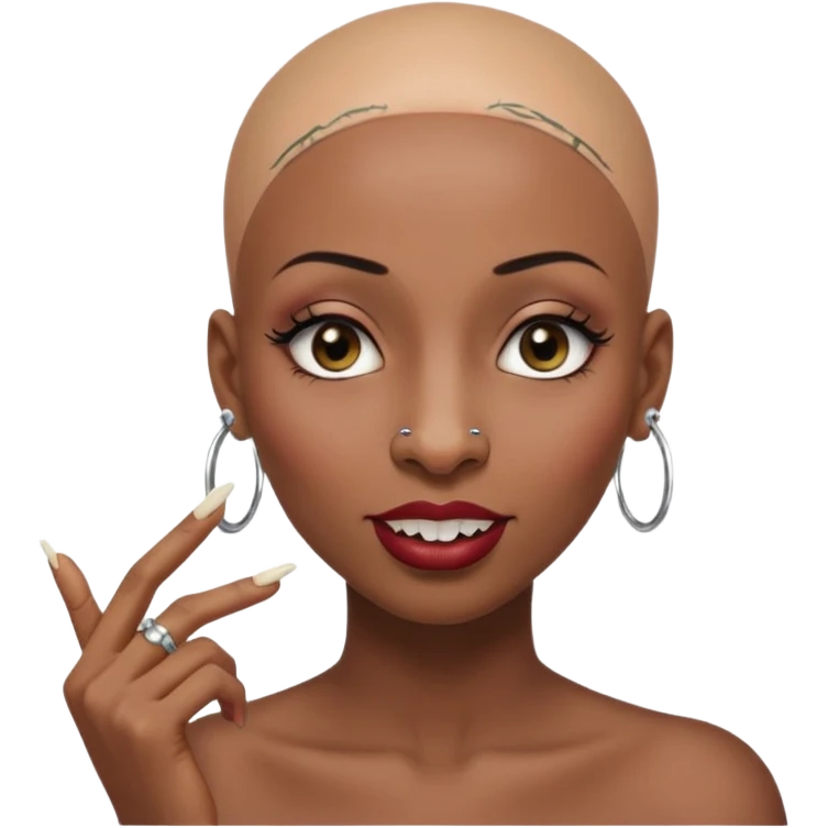 Grown black (proud) woman, bald with a perfect head, a prominent nose with a septum piercing, many piercings on her ears, a gap between her front teeth and very long nails (cynthia erivo) a proud lesbian, with long lashes and her finger tapping the top of her head emoji