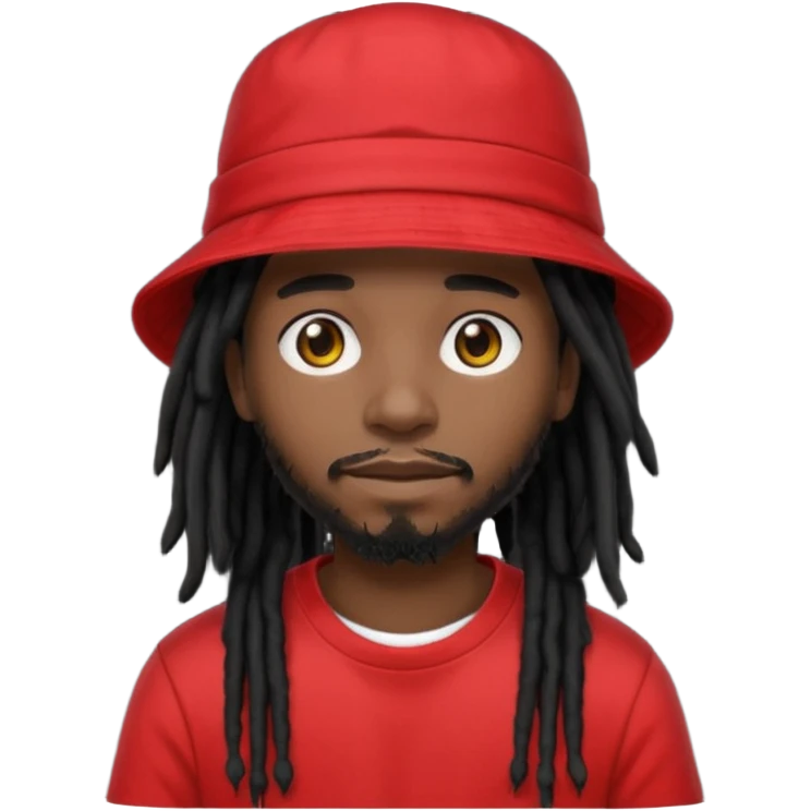 dark brown skin, black hair dreadlocks, wear red t-shirt, black bucket hat emoji