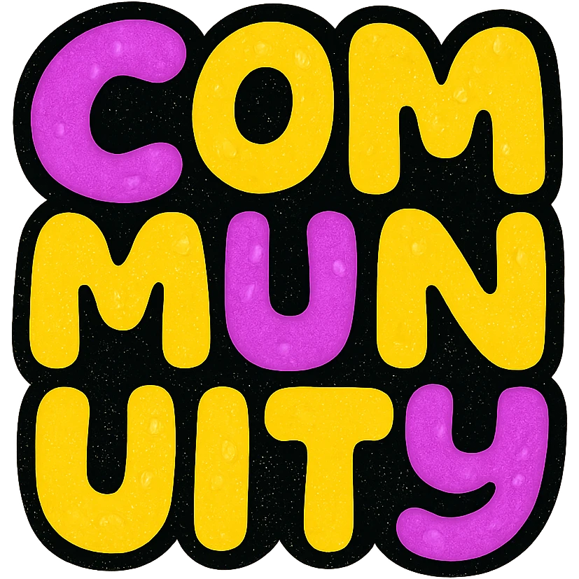 The word 'Community' in a square, playful rounded font, in purple and yellow colors, friendly style, suitable for a sticker or app icon, vibrant and pop colors icon style. emoji