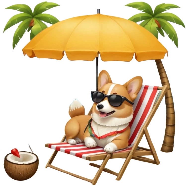 a corgi dog laied on a beach chair, a sunny beach, a sun umbrella, and beach coconut trees. the icon should capture the essence of a relaxing beach vacation with a carefree atmosphere emoji