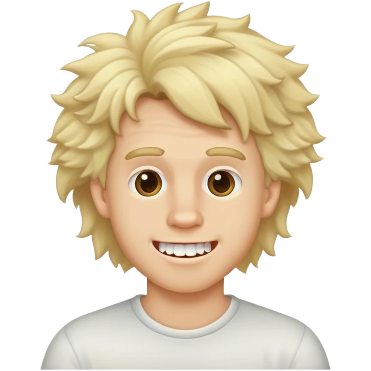 White boy with blonde hair, fluffy blonde hair with crooked teeth ￼ emoji