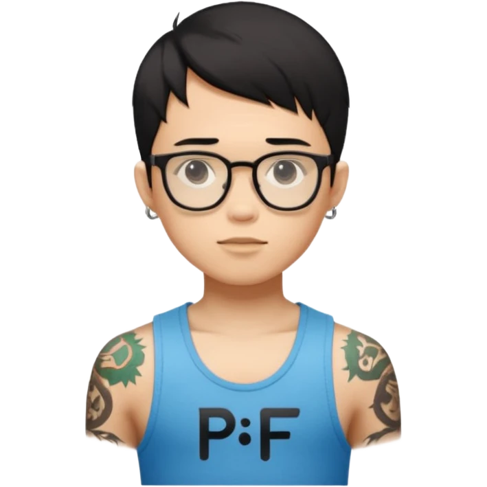 A young boy with A macbook laptop, black straight short hair, wearing glasses, wearing a tanktop, has tattoos, he is asian

Add the letters "P I F" floating around emoji