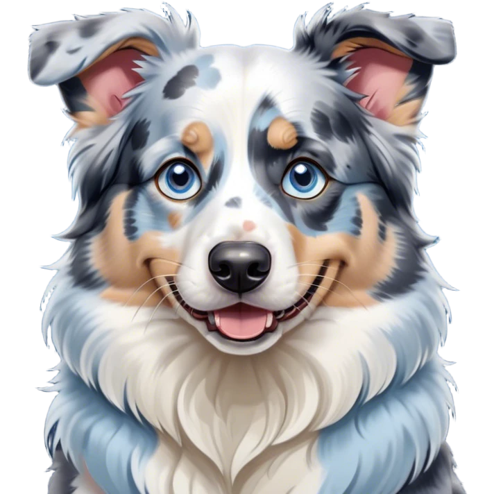 Cinematic Comical Blue Merle and White Australian Shepherd Portrait Emoji, Head tilted dramatically with an exaggeratedly shocked or offended expression, short blue merle fur with striking white patches, wide, expressive blue eyes filled with exaggerated disbelief, Simplified yet hilariously expressive features, highly detailed, glowing with a slightly sassy glow, high shine, dramatic yet playful, stylized with an air of attitude, bright and endearing, soft glowing outline, capturing the essence of a sassy and over-the-top pup, so meme-worthy it feels like it could side-eye its way into internet fame instantly! emoji