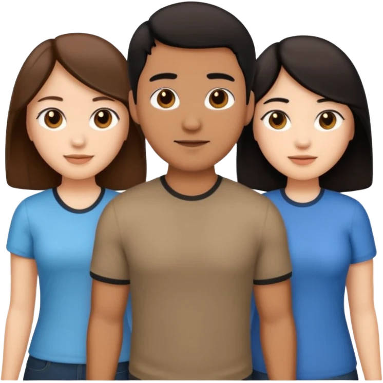three people, one white girl with brown hair, one hispanic man with dark hair, and one tan asian woman with black hair, as a poly couple emoji emoji