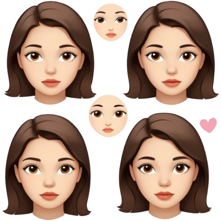 Create a set of stickers featuring a young woman (approximately 18–25 years old) with the following details:
 • Facial Features:
 • Light skin with subtle acne or blemishes on the cheeks and jawline.
 • Expressive eyes with delicate, defined eyeliner.
 • Medium fullness lips.
 • Hair:
 • Dark or light brown hair styled neatly (for example, pulled back or styled in a simple, tidy manner).
 • Makeup:
 • A natural and light makeup look emphasizing her eyes and lips.

The sticker set should capture a variety of emotions and expressions while maintaining a consistent and recognizable look:
 1. Cheerful smile.
 2. Joyful laugh.
 3. Playful wink.
 4. Surprised expression.
 5. Sad or disappointed look.
 6. Angry or annoyed expression.
 7. Quirky or silly facial expression.
 8. Calm and composed expression. emoji