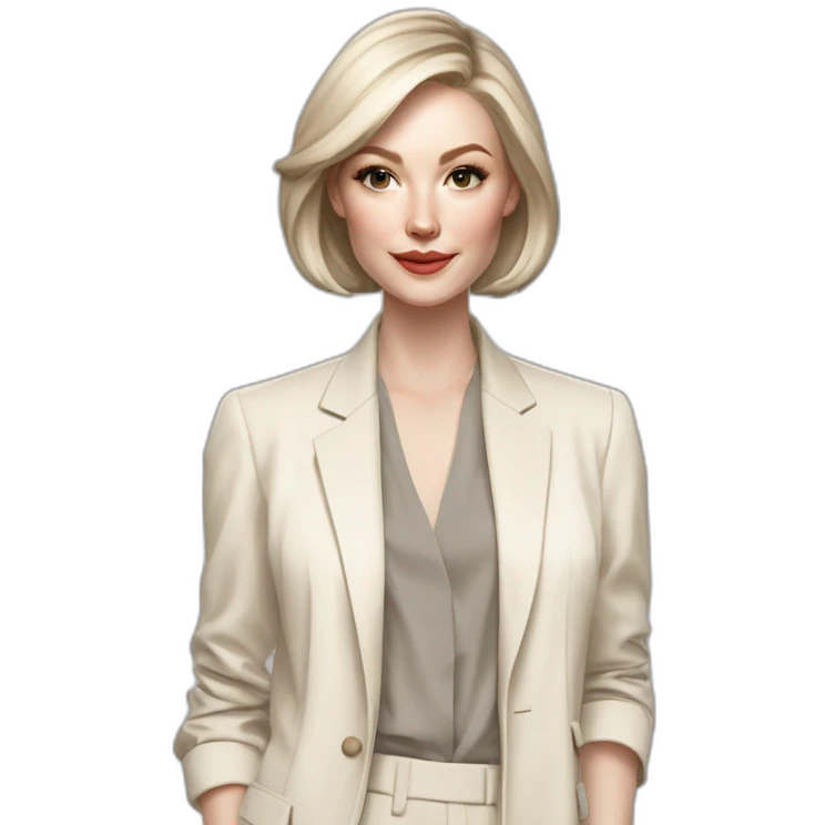pale skin woman with ash blonde Straightened bob Hair, White Spacious classical jacket, beige palazzo Arrow pants and gray blouse holding a color palettes in the hands emoji