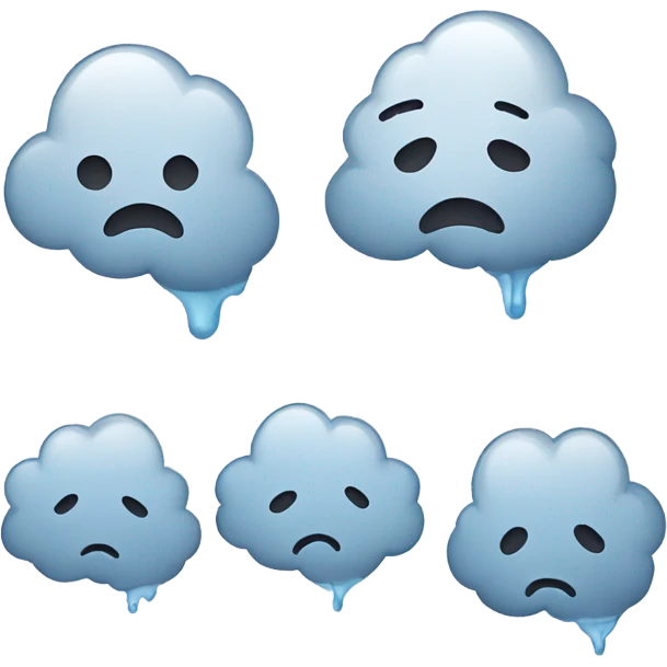 Minimalist depression-themed emoji set with a sad face, rain cloud, broken heart, teardrop, and neutral face with thought bubble in muted gray and blue tones on white. emoji
