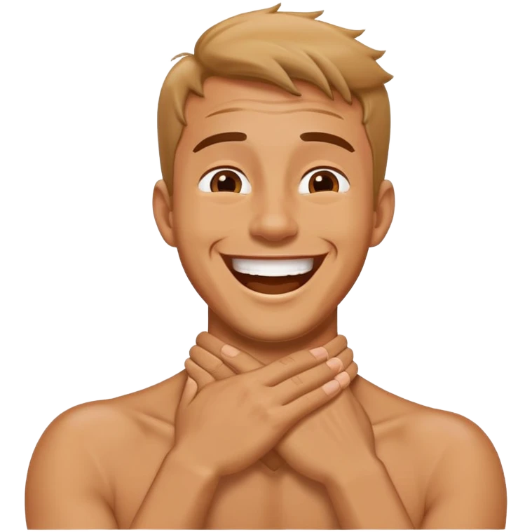 Man laughing with hands around neck emoji