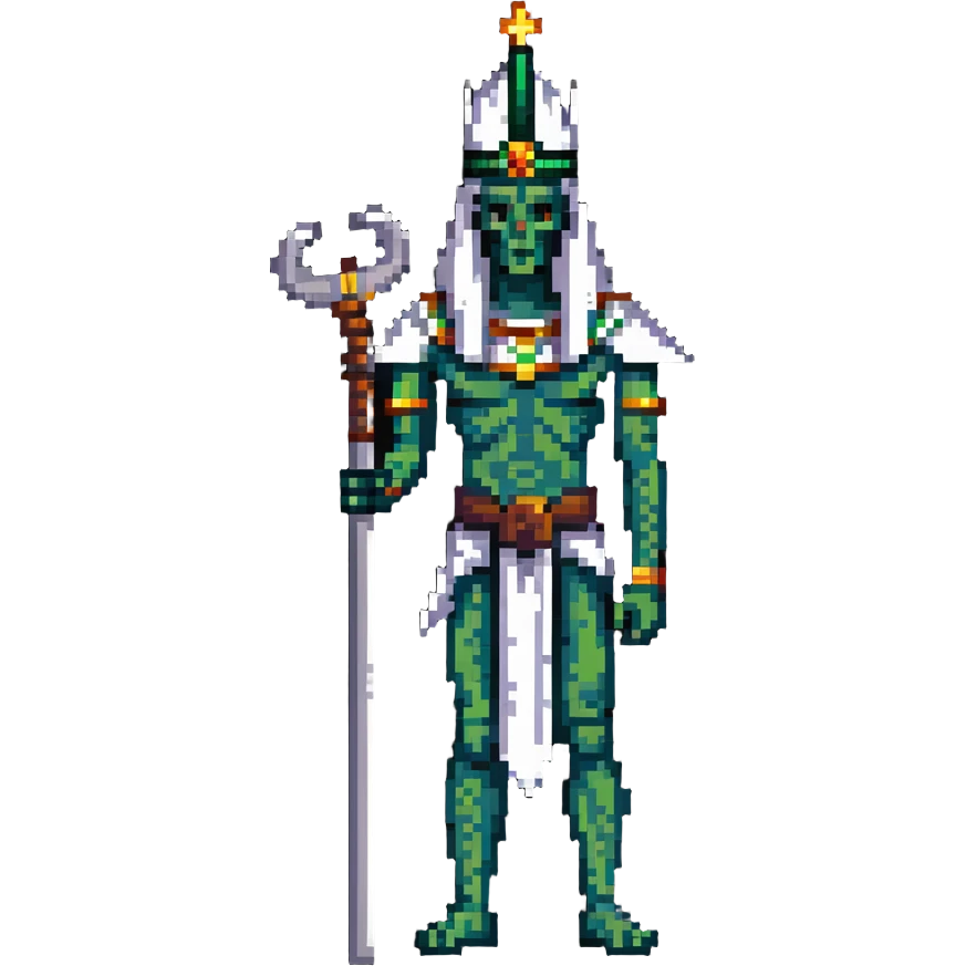 Egyptian god Osiris with green skin, mummified body, white Atef crown with feathers, holding crook and flail emoji