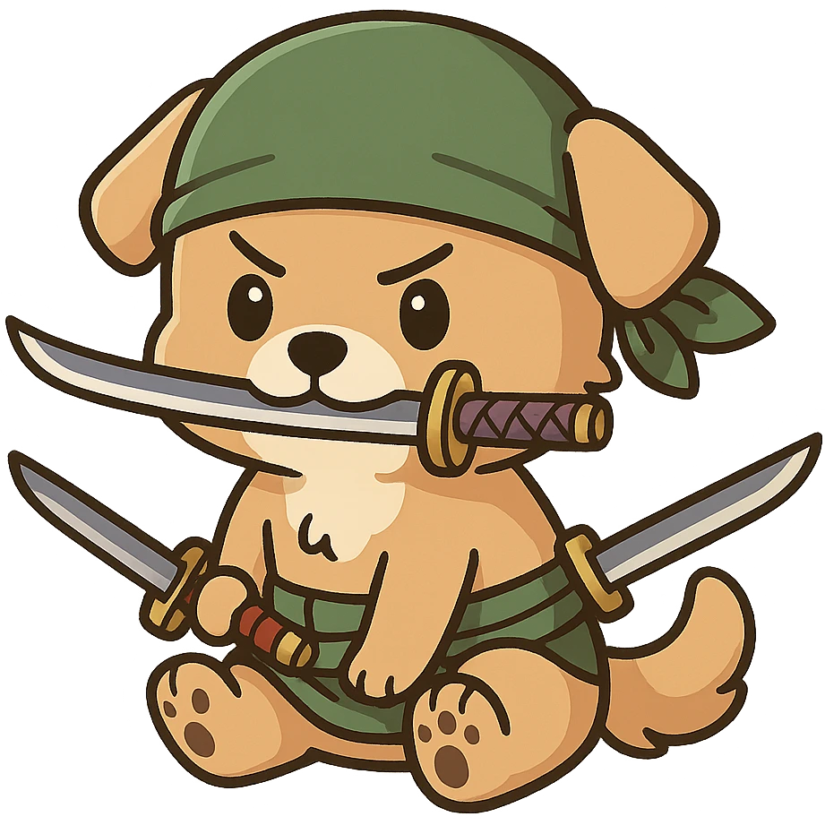 chibi dog as Zoro, green bandana, three swords, sitting, determined expression emoji