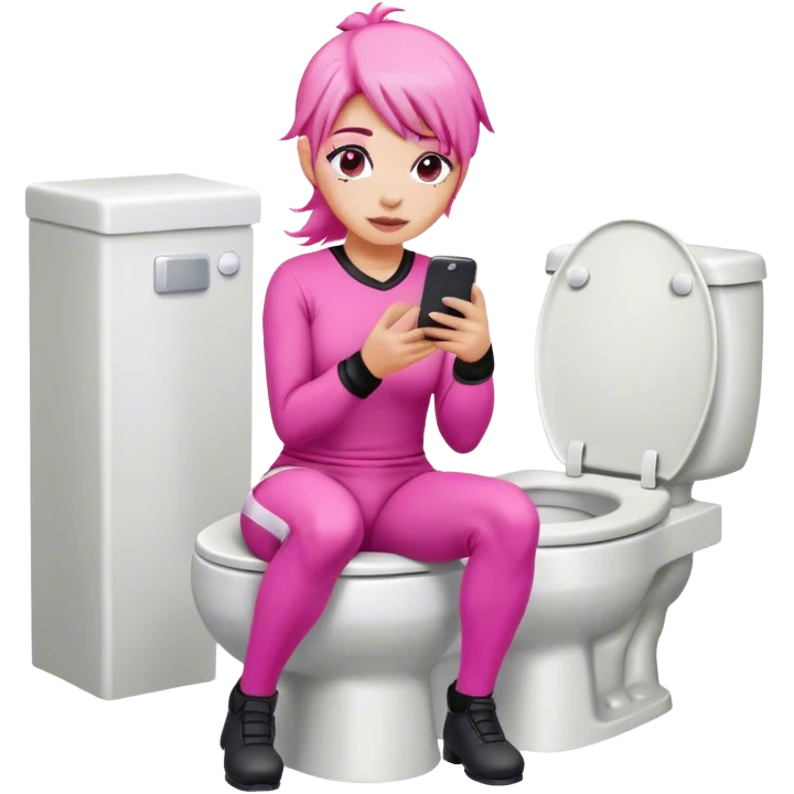Pink haired female Jockey sat on the toilet with her mobile phone  emoji