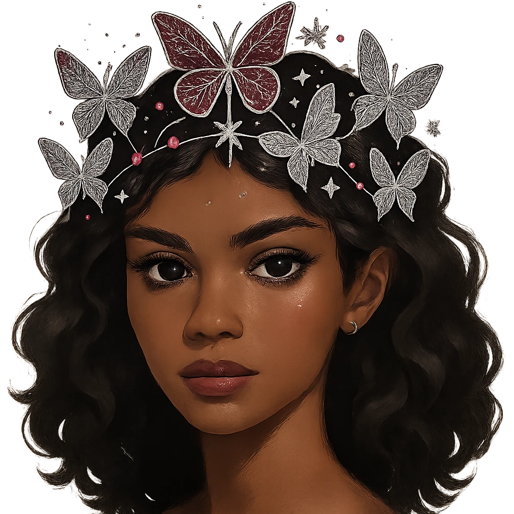 Change the butterfly crown to sapphire pink with silver butterflies and star accents, celestial and bold. Keep the background transparent. emoji