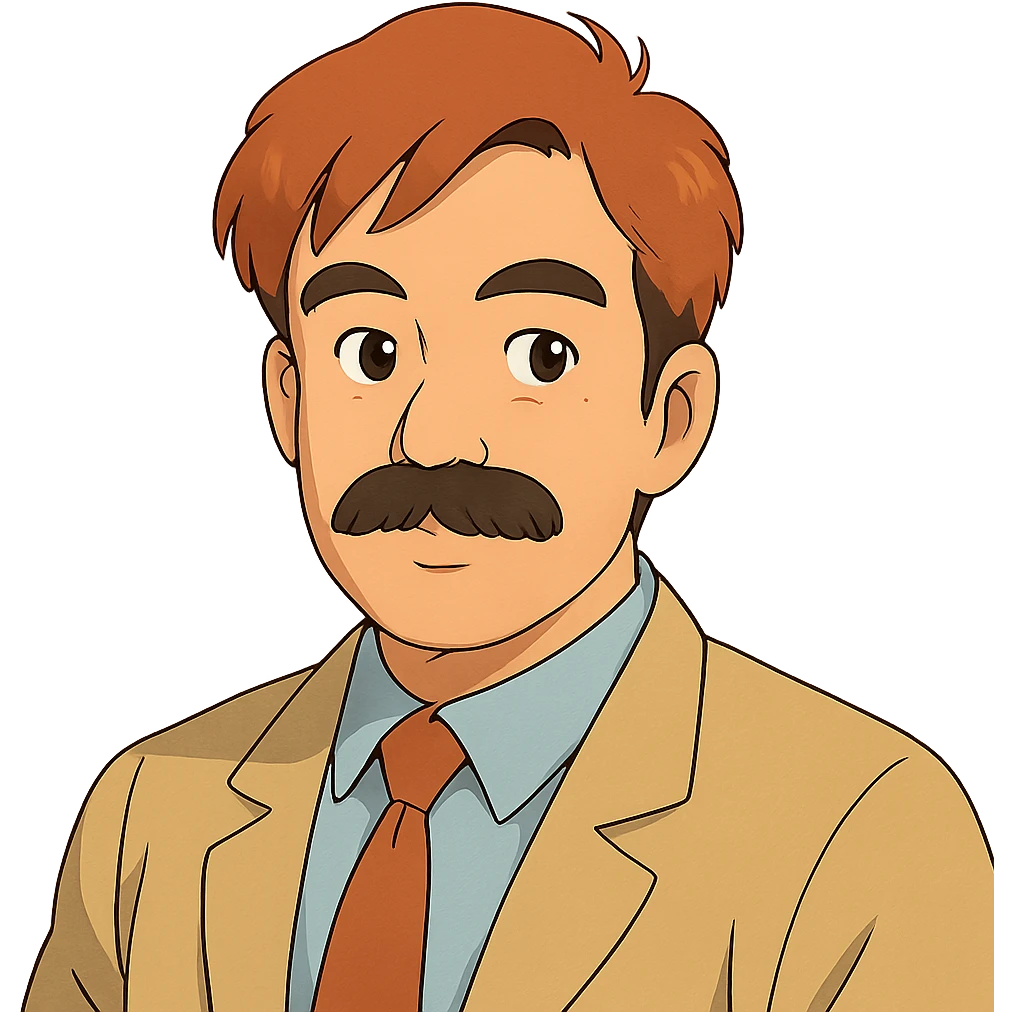 asian man with black mustache and red hair, 90's anime style portrait, ghibli style emoji