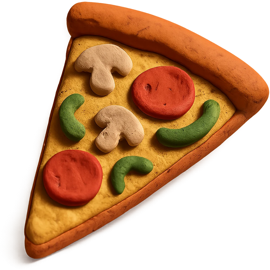 pizza slice with mushrooms and green peppers in claymation style emoji