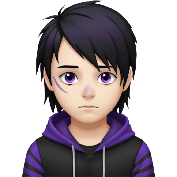 emo teen boy with long one-side messy black hair, dark hoodie with white and purple striped sleeves, piercings on his nose, dark eyeshadow emoji