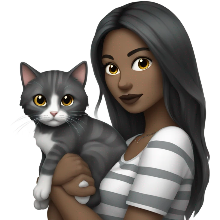 Beautiful dark haired tattooed woman holding gray and white stripe long haired cat emoji