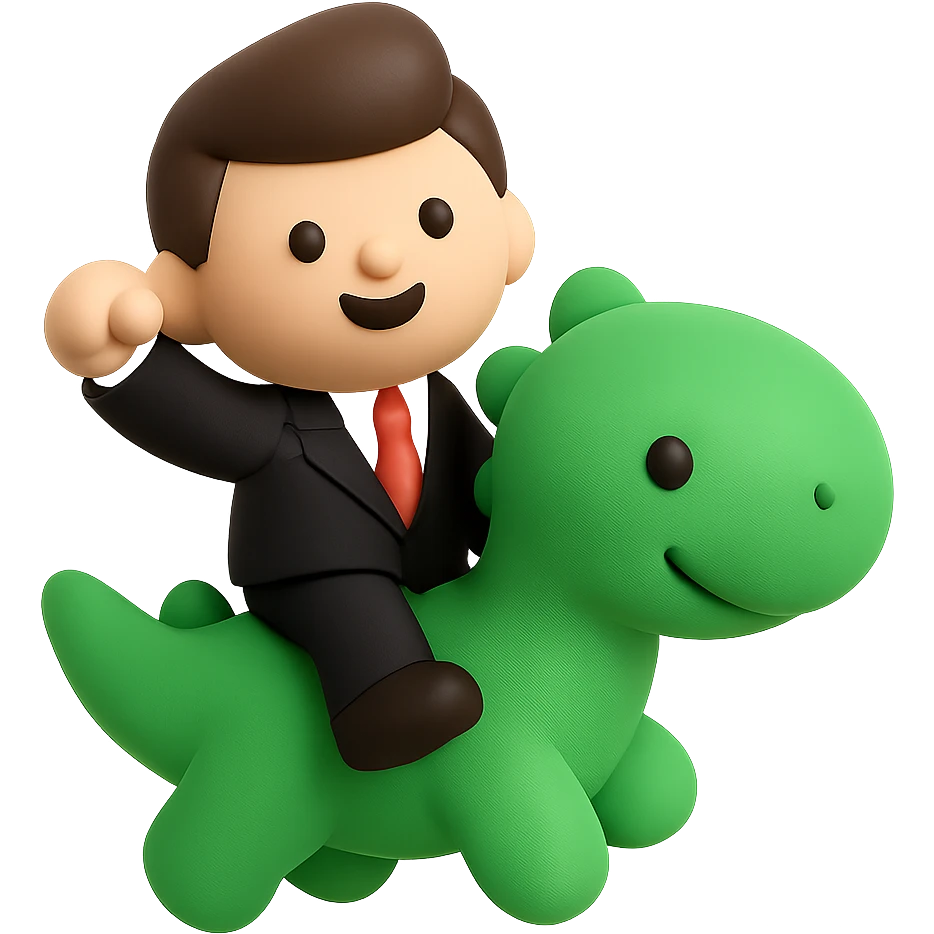 A businessman character riding on top of a friendly dinosaur emoji