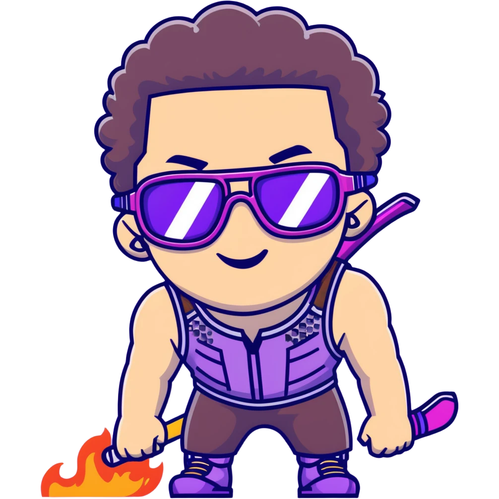 close-up of cool guy male athlete with white skin and moderately curly dark brown hair on top with shaved sides, with one purple ski goggle lens pushed up above his eyes on his forehead, sticking his tongue out of his mouth, a simple plain black chain necklace, and a completely unzipped sleeveless vest with purple and black sequin fire pattern design with no logo emoji
