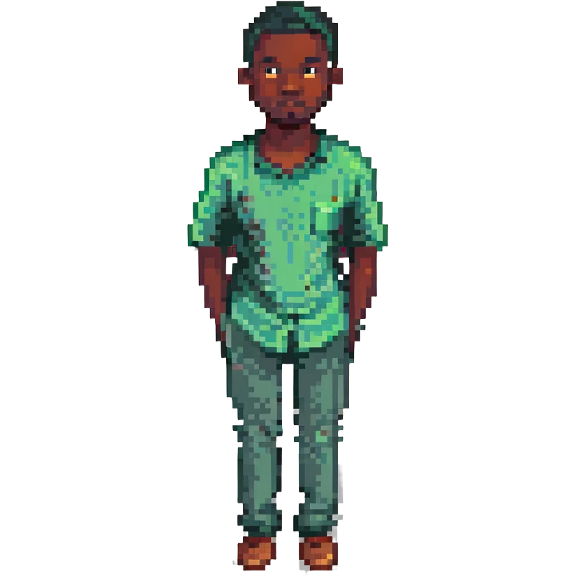 pixel emoji black man, pixel art style, black skin tone, pixelated, 8-bit, wearing a green shirt emoji