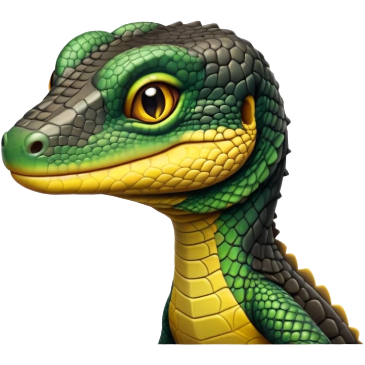 cinematic-realistic-cute-monitor-lizard-portrait-emoji,-head-tilted-playfully-and-inquisitively,-featuring-a-compact,-agile-body-with-finely-detailed,-glossy-scales-in-earthy-black and yellow-hues-and-a-distinct,-alert-face-with-bright,-curious-eyes, black , yellow spotted and green band  scales and a slender neck emoji