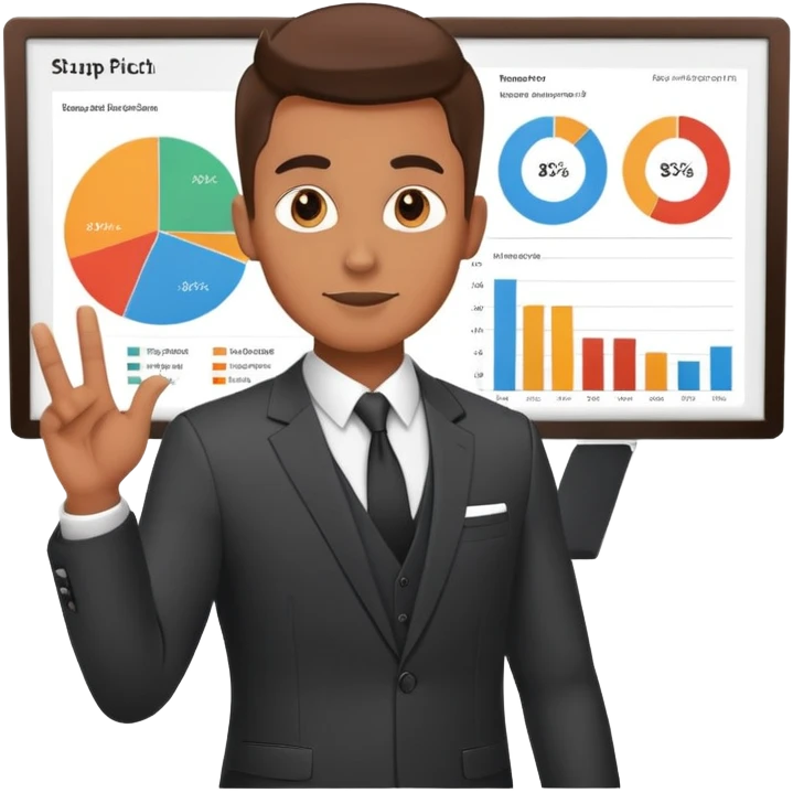 Cool guy in suit presenting a startup pitch deck with charts and graphs emoji