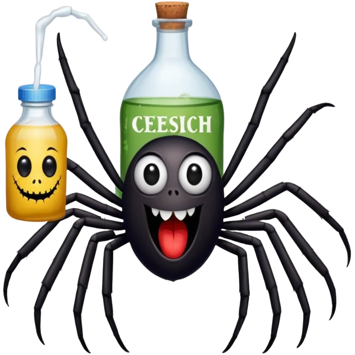 wesoły śmieszny pająk z butelka jadu i podpisem cześć emoji